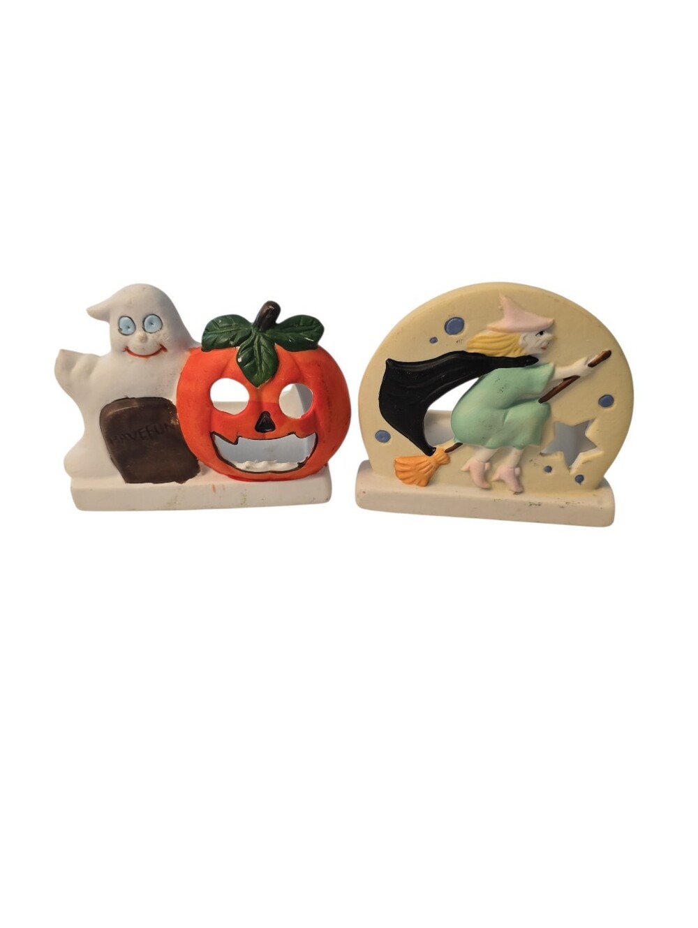 2 Vintage Ceramic Halloween Tealight Candle Holders Witch Ghost Jack O Lantern